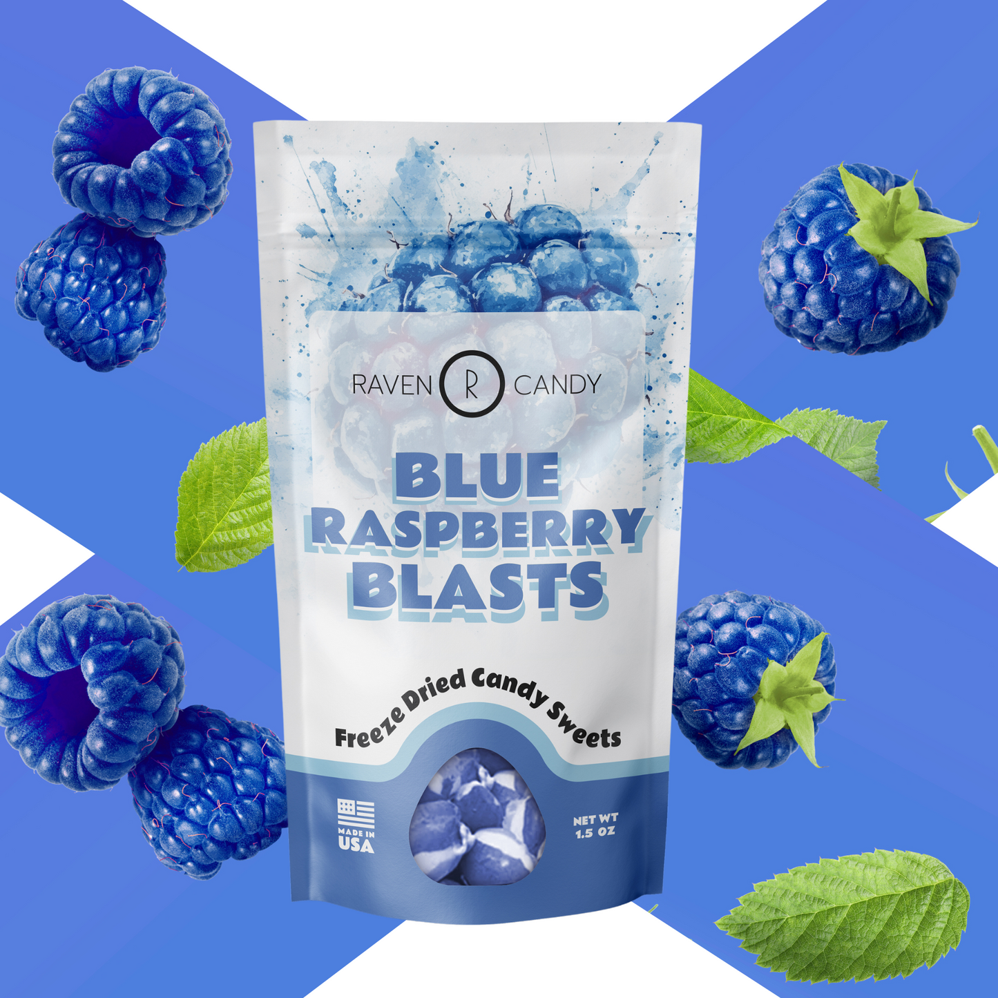Raven Candy Blue Raspberry Blasts Freeze Dried Candy 1.5 oz